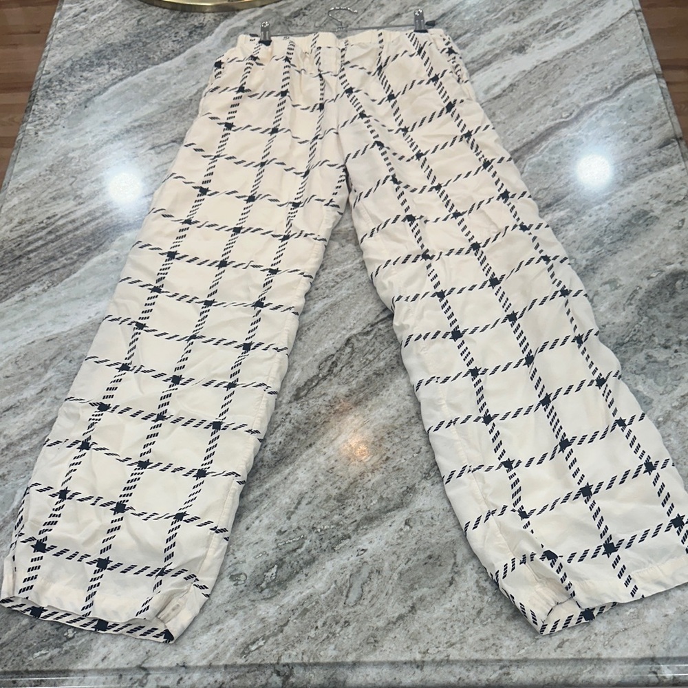 Anine Bing Cream Plaid Quilted Joggers with Navy Grid